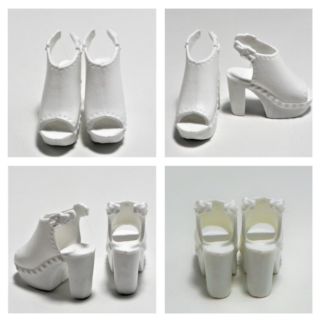 The white shoes have a sling back look and a 'more comfortable' heel